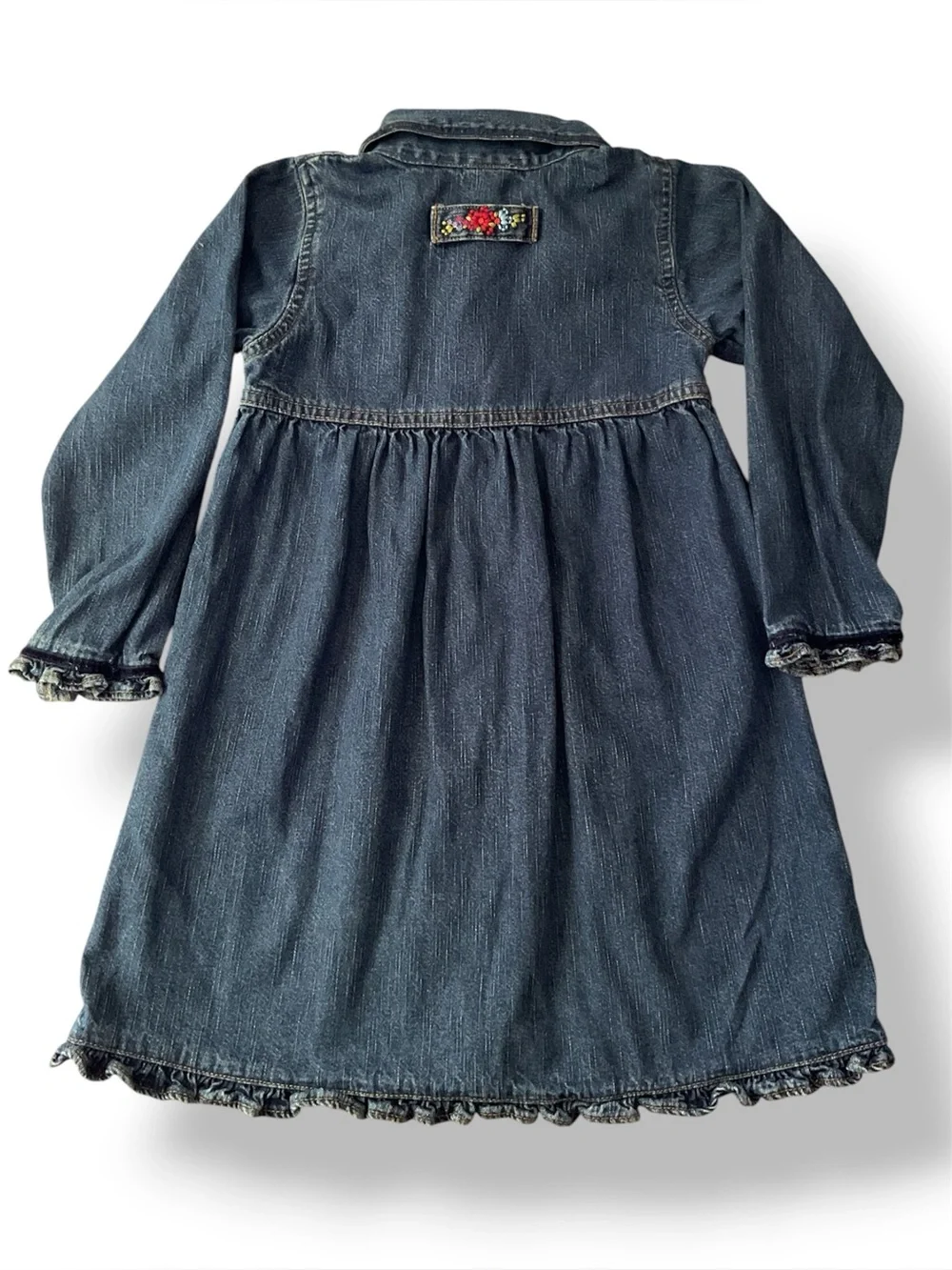 Vintage OshKosh Bgosh Girls 3t Blue Denim Floral Embroidered Ruffle Dress